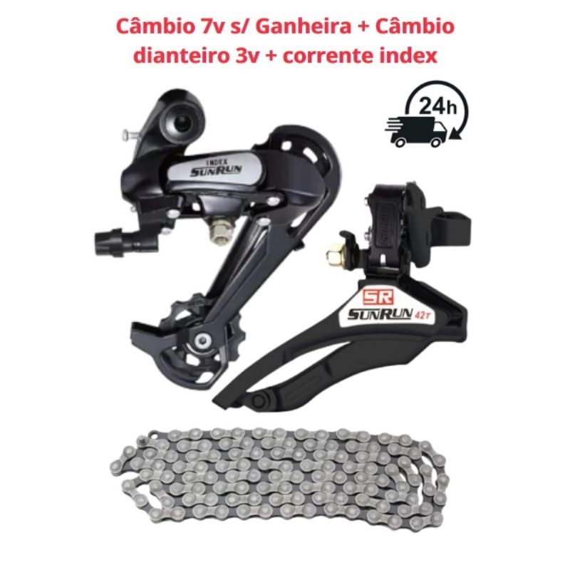 Câmbio Traseiro S/Gancheira 7v 21 Index+cambio Dianteiro 3v+corrente Kit Compatível Com bike 29 em Oferta na Shopee