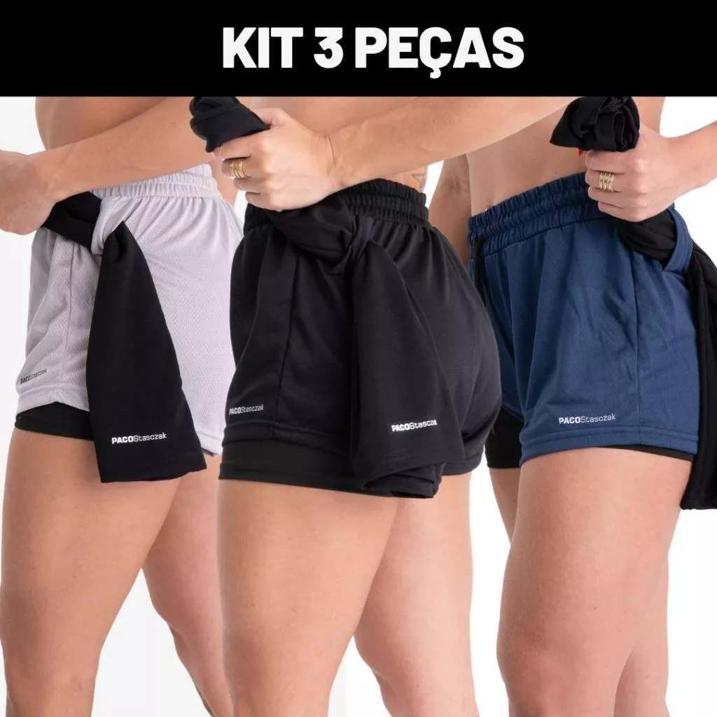 Kit 3 Shorts 2 em 1 Feminino Bermuda Dryfit Dupla Para Treino Academia Caminhada e Outros Esportes — imagem 1