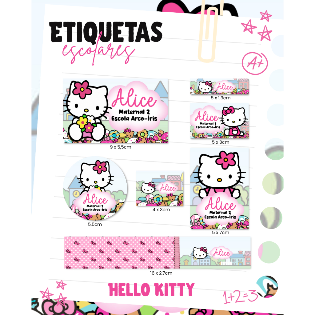 100 Etiquetas Escolares Hello Kitty Adesivas - REALIZAMOS QUALQUER TEMA  em Oferta na Shopee