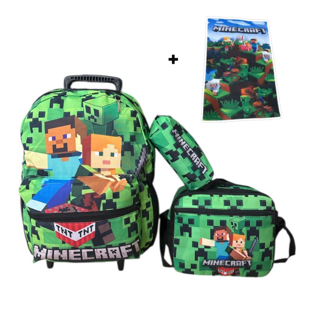 Kit Escolar Minecraft com Mochila de Rodinhas + Lancheira + Estojo + Toalhinha Infantil