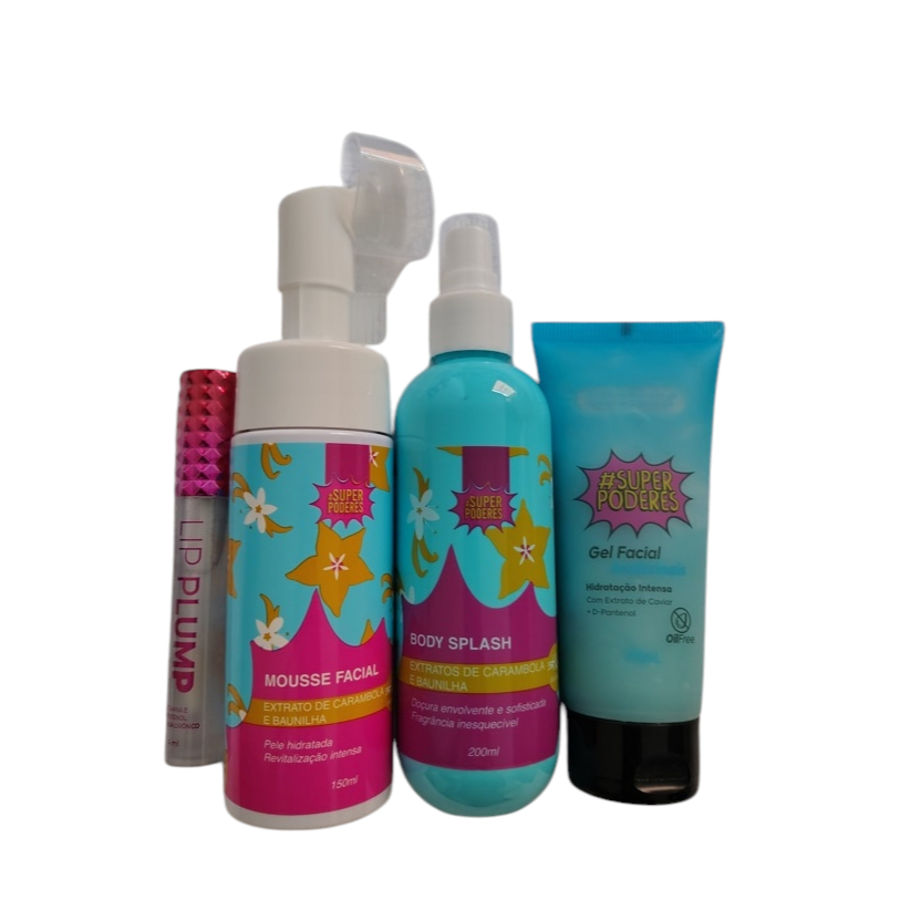 Kit Super Poderes Completo: Espuma Facial 150ml, Gel Antissinais, Body Splash 200ml e Gloss Volumao
