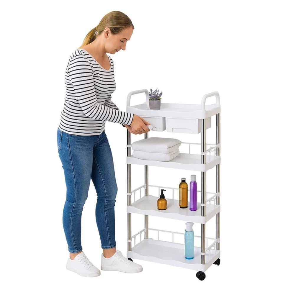 Prateleira Organizadora 4 Andares Gavetas Duplas Branca Cozinha Banheiro Lavanderia Plástico Rodinha Opcional