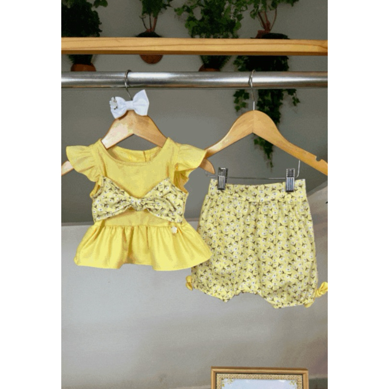 Conjunto Infantil Bebê Menina Verão Amarelo Ciganinha Estampado e Short Fofinho! 🎀