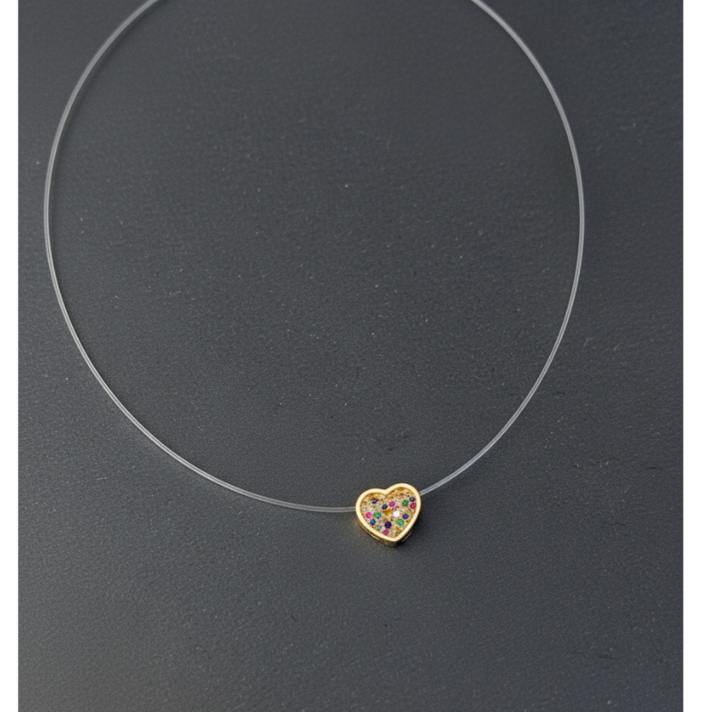 Colar Coração em Fio de Nylon com Zircônias Coloridas Banhado a Ouro 18k em Oferta na Shopee