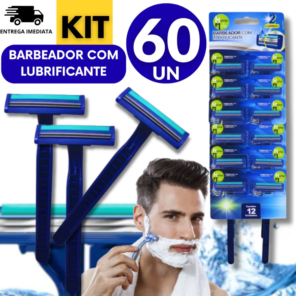 KIT 60 Unidades - Barbeador de Barbear Descartável com 2 Lâminaus e Fita Lubrificante Navalha Azul+