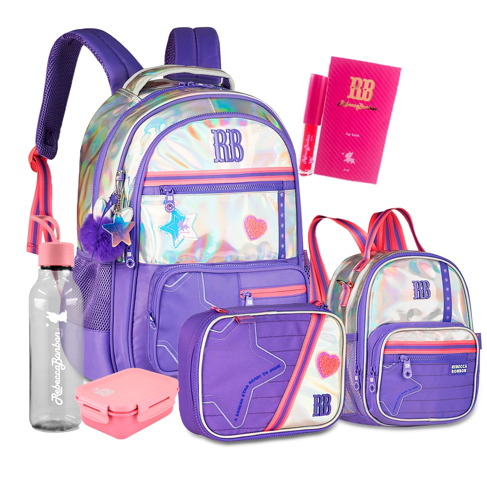 Kit Mochila Lancheira Estojo Box Rebecca Bonbon Holográfica Escolar Volta As Aulas RB Metalizado em Oferta na Shopee