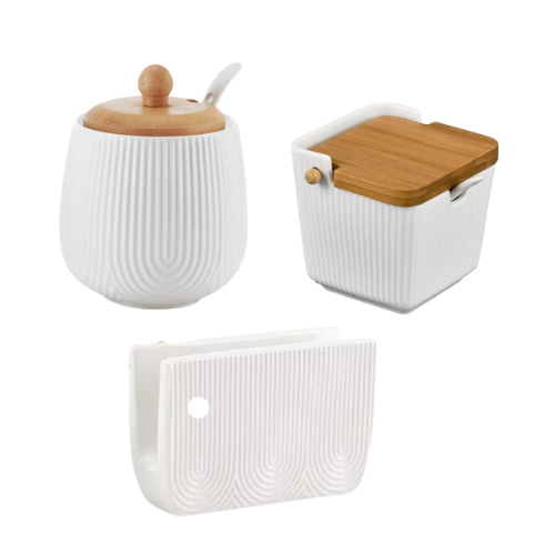 Kit 3 Peças Oasis Açucareiro + Saleiro C/ Tampa Bambu + Porta Guardanapo Cerâmica em Oferta na Shopee