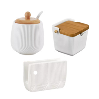 Kit 3 Peças Oasis Açucareiro + Saleiro C/ Tampa Bambu + Porta Guardanapo Cerâmica em Oferta na Shopee