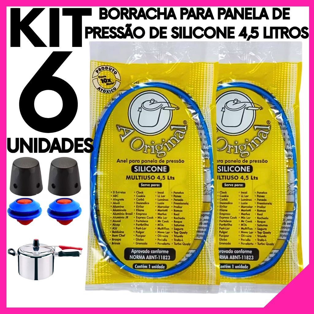 Imagem Kit 6 Peça Borracha Silicone Panela Pressão 4,5 Litros + Válvula de Segurança + Peso Para Panela