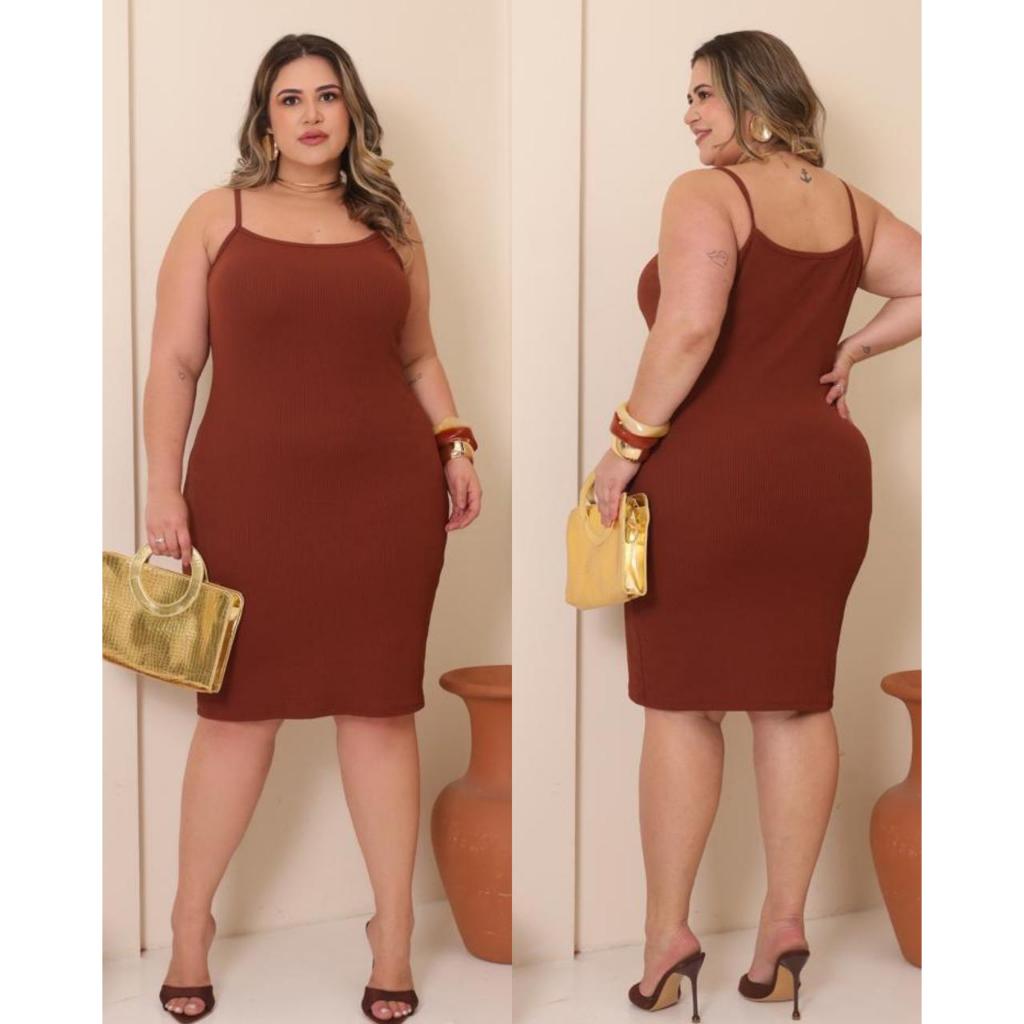 Vestido Feminino Plus Size Midi Alça Tubinho Canelado Modinha Tendência