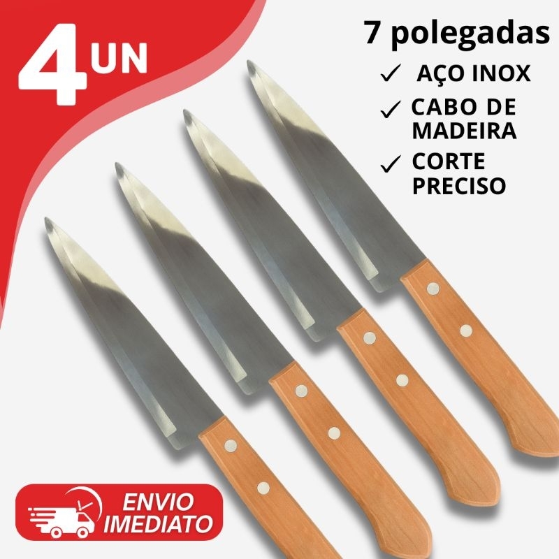 Imagem Kit Facas Inox 7” – Cozinha e Churrasco – Corte Preciso – Cabo de Madeira – Profissional