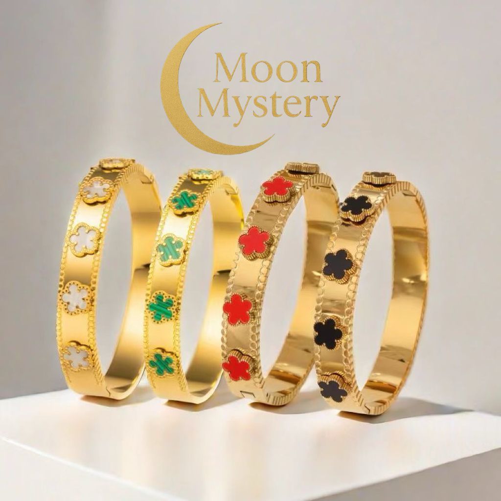 Pulseira Feminina Dourada em Aço Inoxidável Antialérgico – Trevo de 5 Flor com Madrepérola Moda