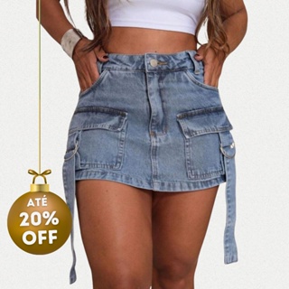 Short Saia Cargo Jeans Feminino Cintura Alta Bolsos Laterais Design Moderno Estiloso Casual Versátil em Oferta na Shopee