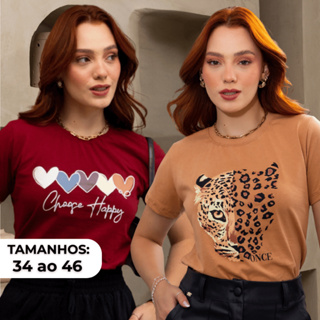 Kit 2 Camiseta T-shirt Feminina 100% Algodão Estampada Onça Corações Leão P ao GG em Oferta na Shopee