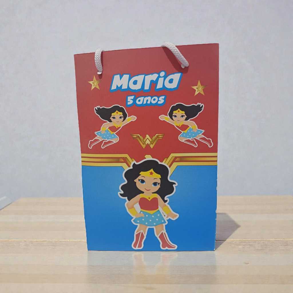 Sacolinha Personalizada com Nome e Idade 13x20 Mulher Maravilha Festa Aniversário Lembrancinhas