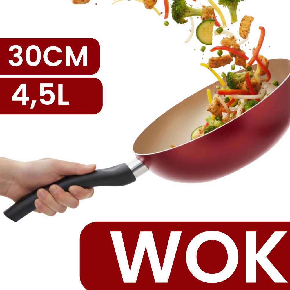 Imagem Frigideira Wok Antiaderente 30cm Tampa de Vidro Profissional 4,5L Panela Teflon Grande Cozinha