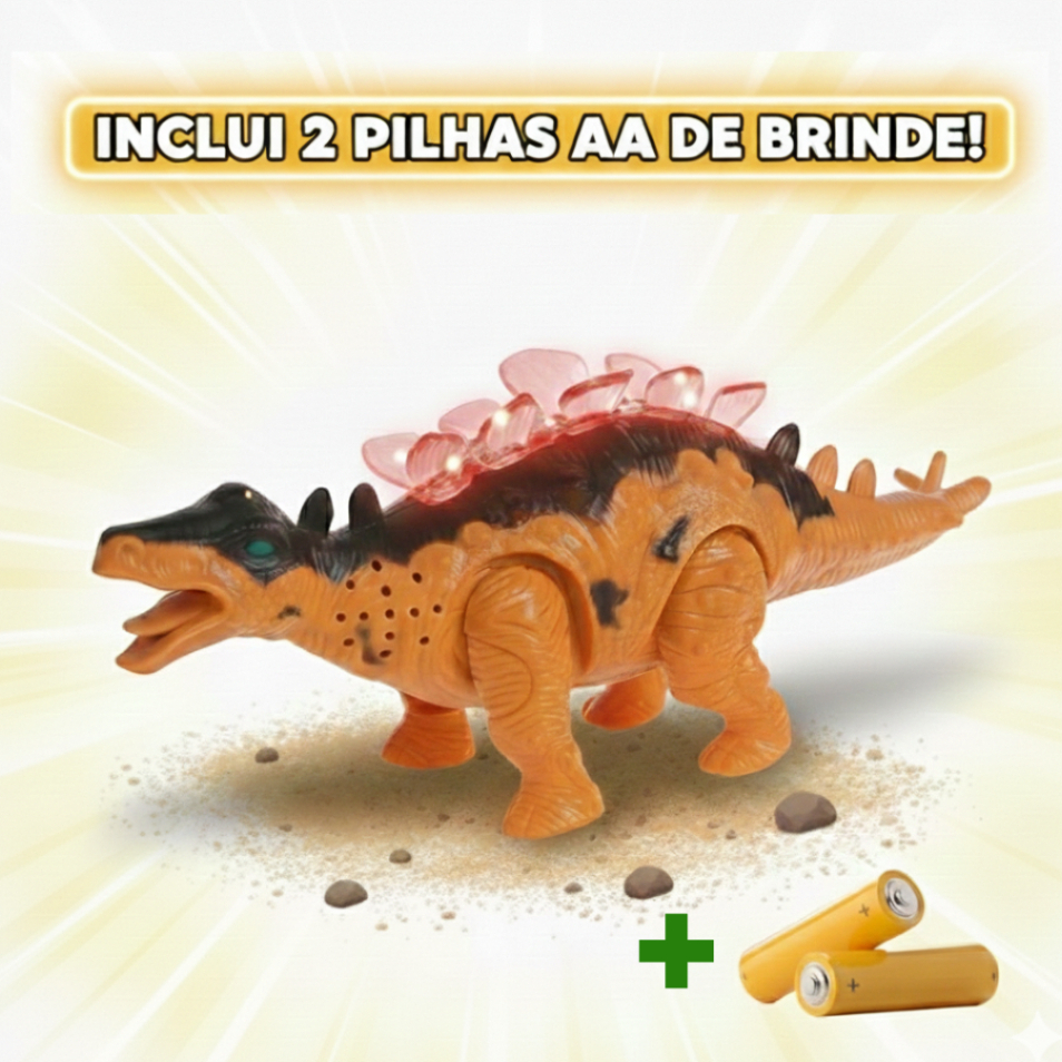 Dinossauro + 2 Pilhas Emite Luz e Som Stegosaurus  Brinquedo Anda e Emite Som