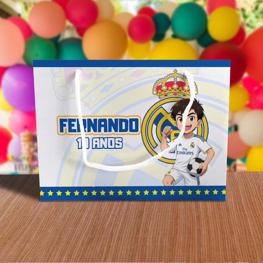 Sacolinha de Festa Real Madrid Menino Lembrancinha Personalizada Kit Festa Sacola Deitada Reta Futebol