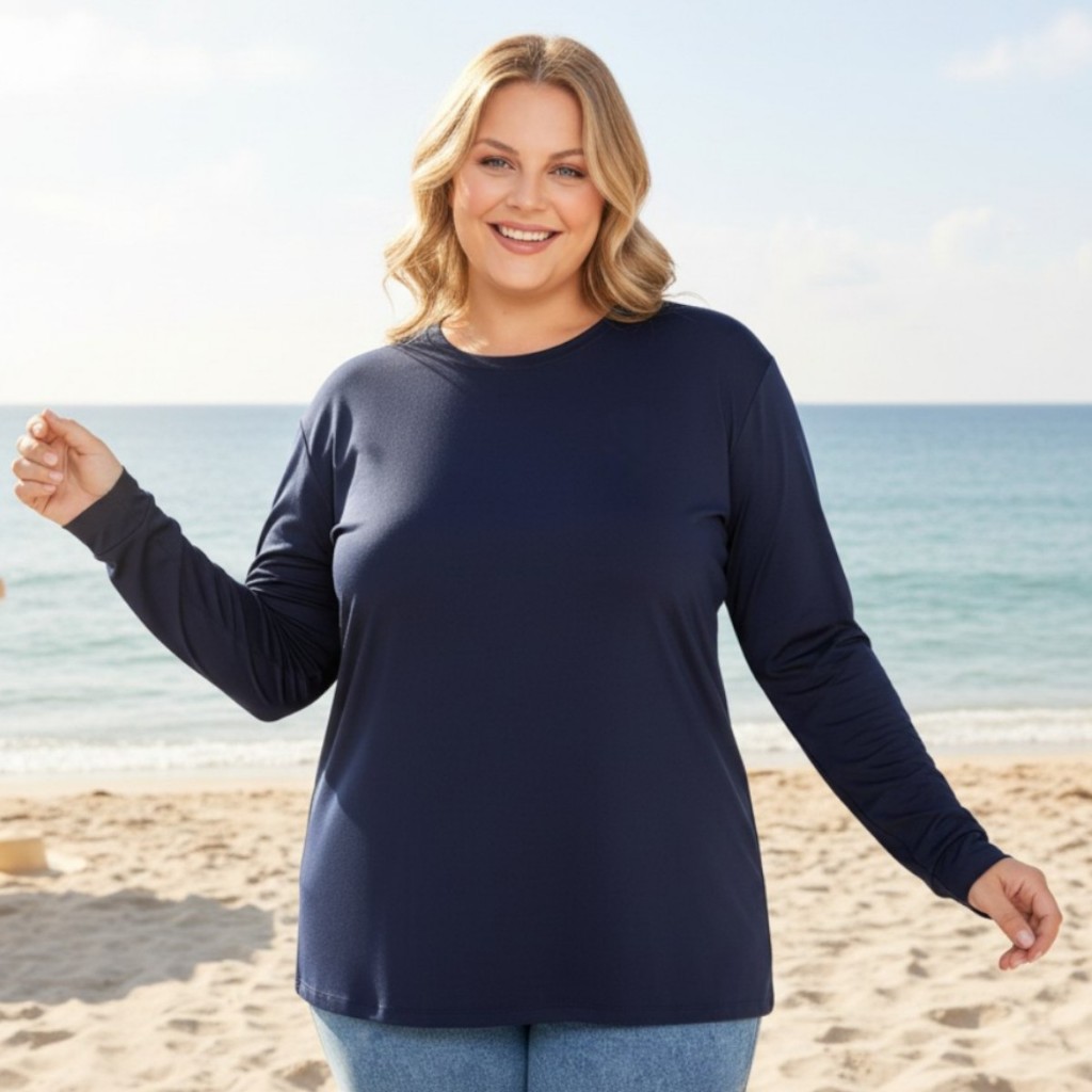 Camiseta Plus Size Feminina Proteção Solar Uv50+ Manga Longa Segunda Pele Secagem Praia Esporte