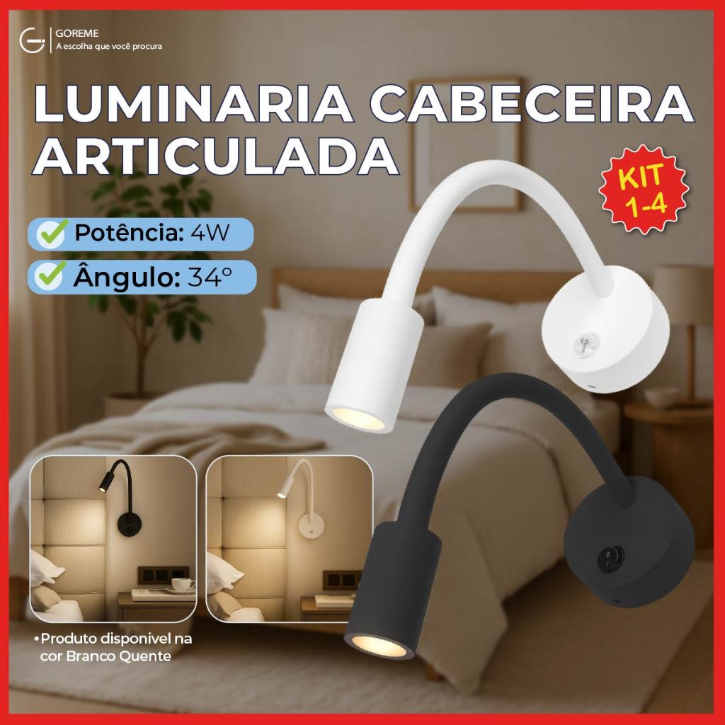 Luminária Arandela Articulada para Cabeceira Led 4W na Cor Branco ou Preto Luz Quente Bivolt em Oferta na Shopee