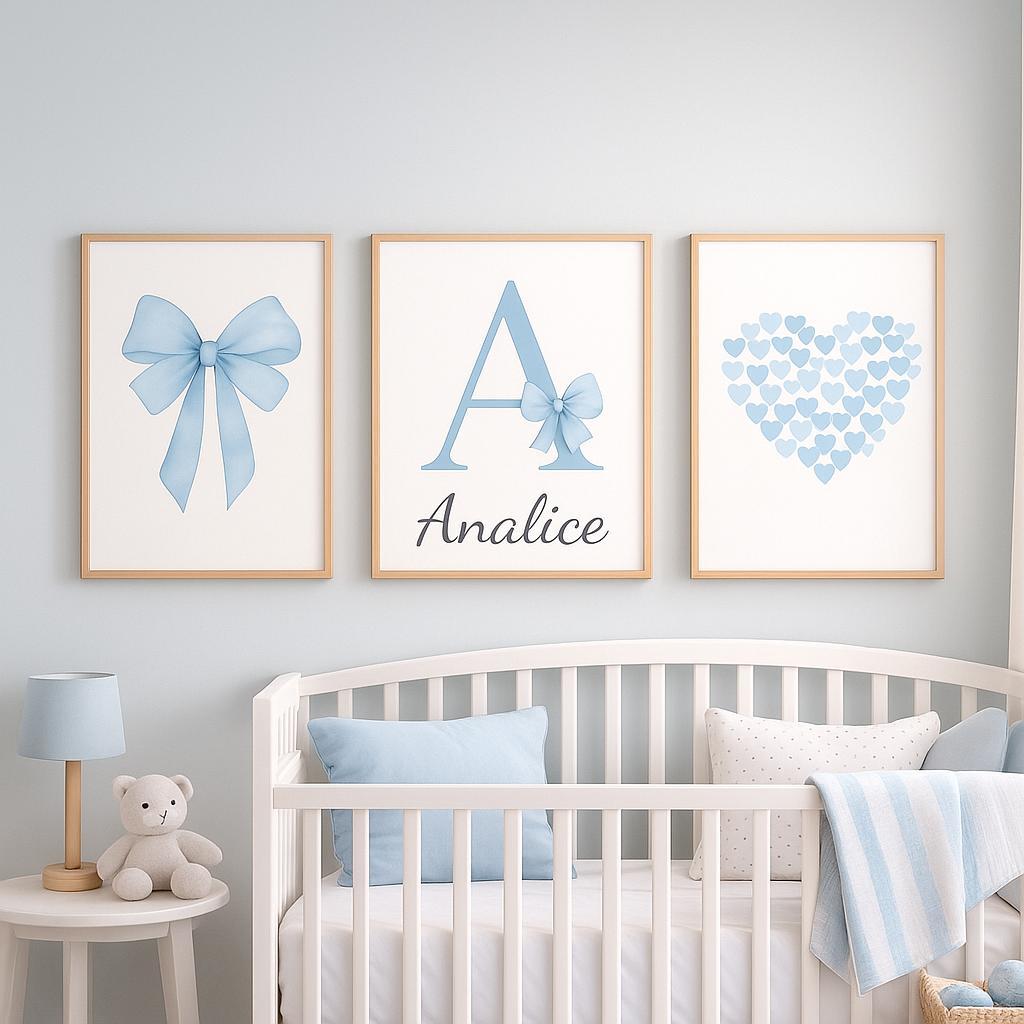 Quadro decorativo 3 peças Laço Coração azul com nome decoração quarto infantil menina