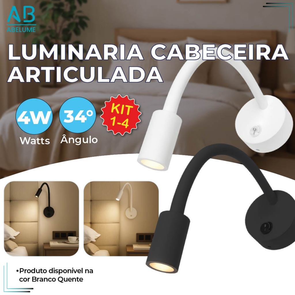Luminária Arandela Articulada para Cabeceira Led 4W na Cor Branco ou Preto Luz Quente Bivolt em Oferta na Shopee