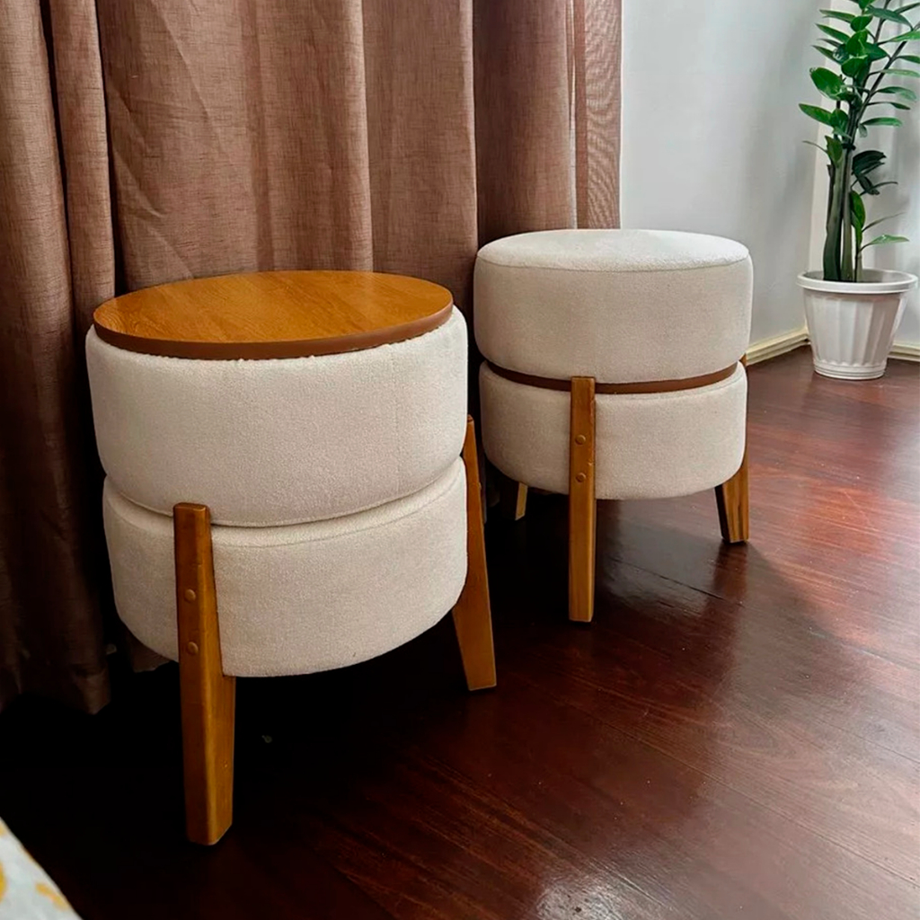Jogo 2 Pufe Mesa 45x38 Tecido Bouclê Sala Estofado Redondo Pés Madeira Kit Mesinha 2 Em 1 Conjunto