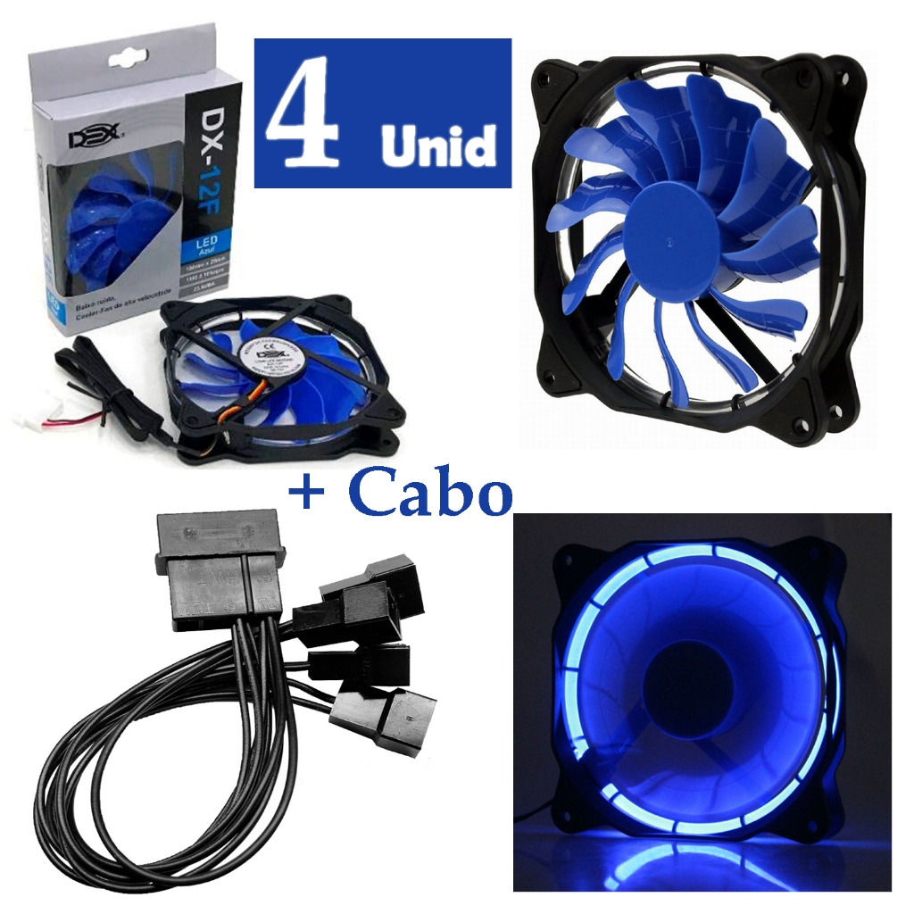 Kit 4 Cooler Fan Led 120x120x25 Ventoinha para Gabinete PC Desktop Computador 12cm Dex Azul + Cabo