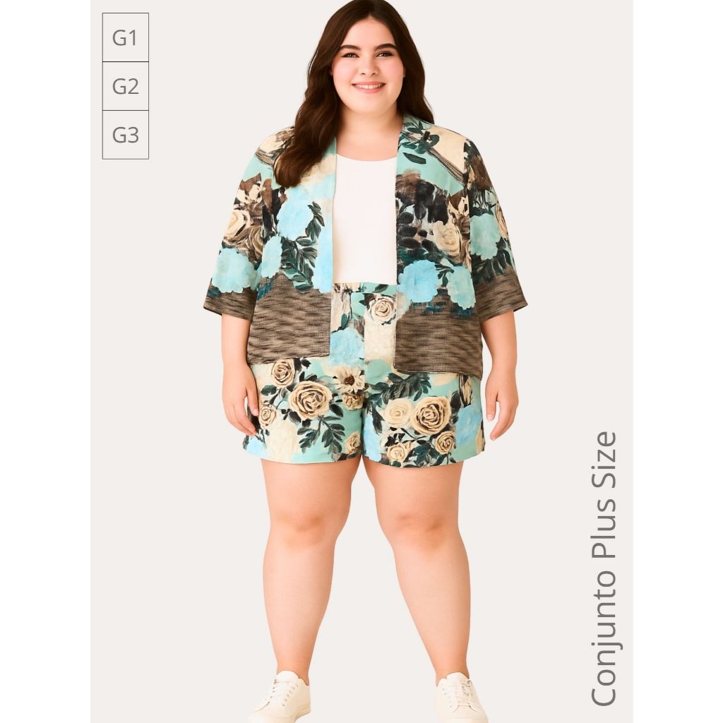 Conjunto Plus Kimono + Shorts Amplo Soltinho Aberto na Frente Tendência Elegante