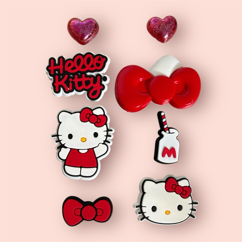 Kit 6 ou 8 pins para babuche com adaptador vermelho gatinha helo coração laço kity