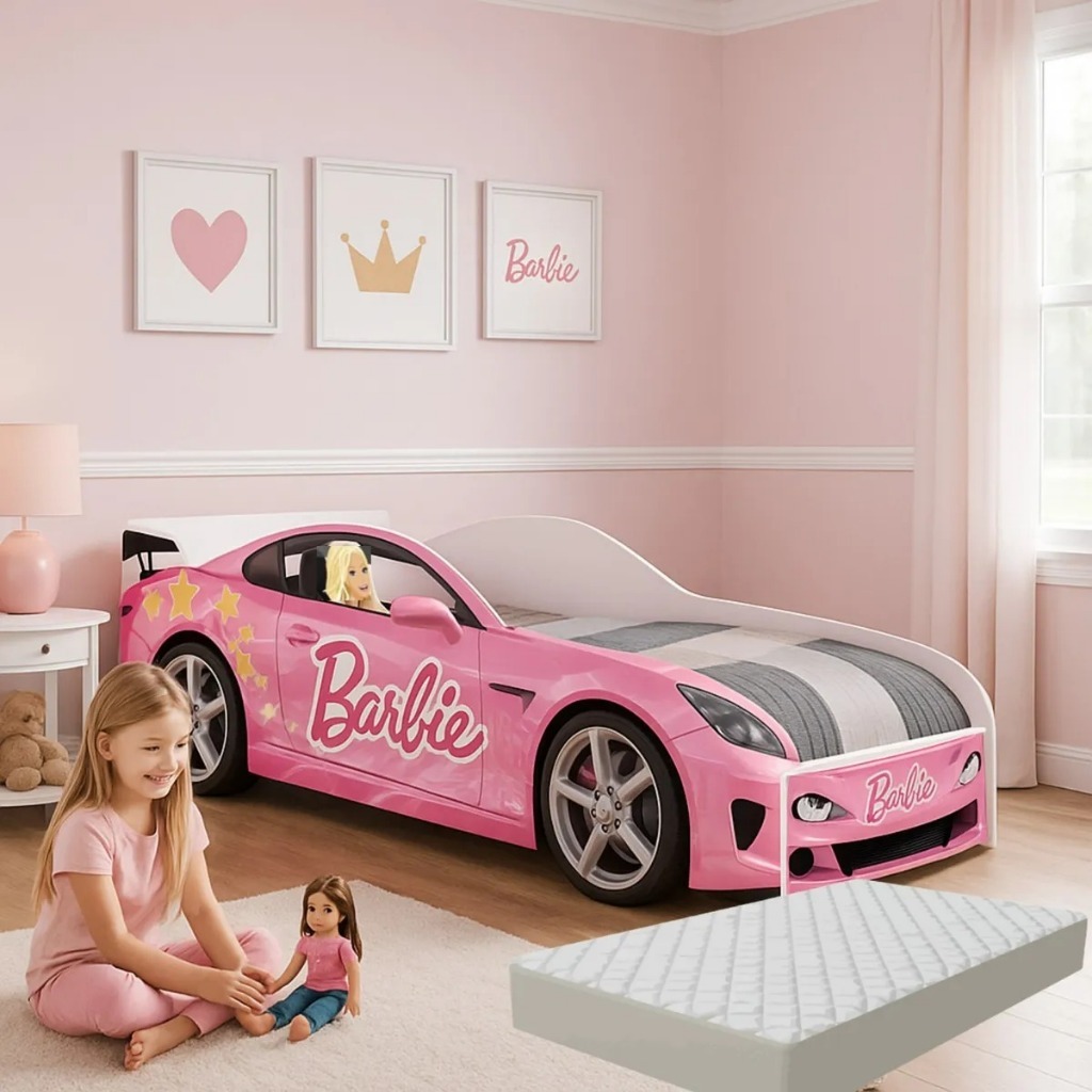 Cama Carro Barbie Infantil Juvenil Rosa em MDF com Colchão Grátis – Design Encantador e Seguro em Oferta na Shopee