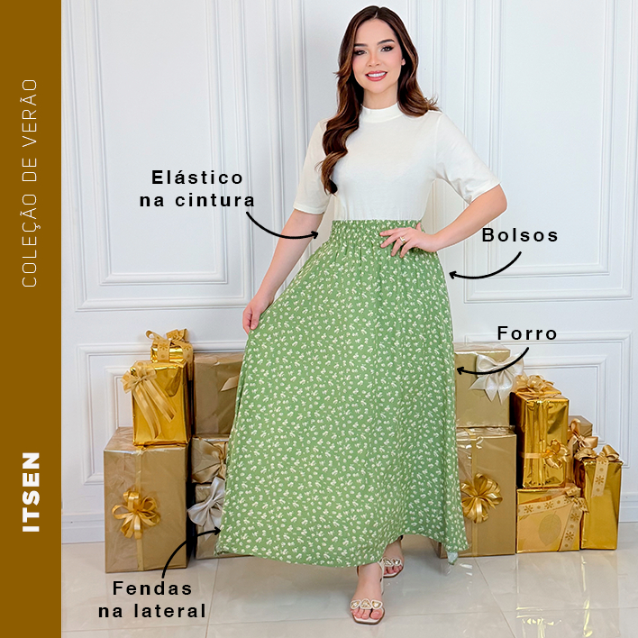 Saia Longa Estampada Floral com Forro,  Fendas e Bolsos laterais com elástico na cintura | moda evangélica  | viscolinho em Oferta na Shopee