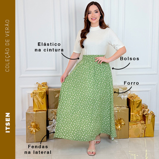 Saia Longa Estampada Floral com Forro,  Fendas e Bolsos laterais com elástico na cintura | moda evangélica  | viscolinho em Oferta na Shopee