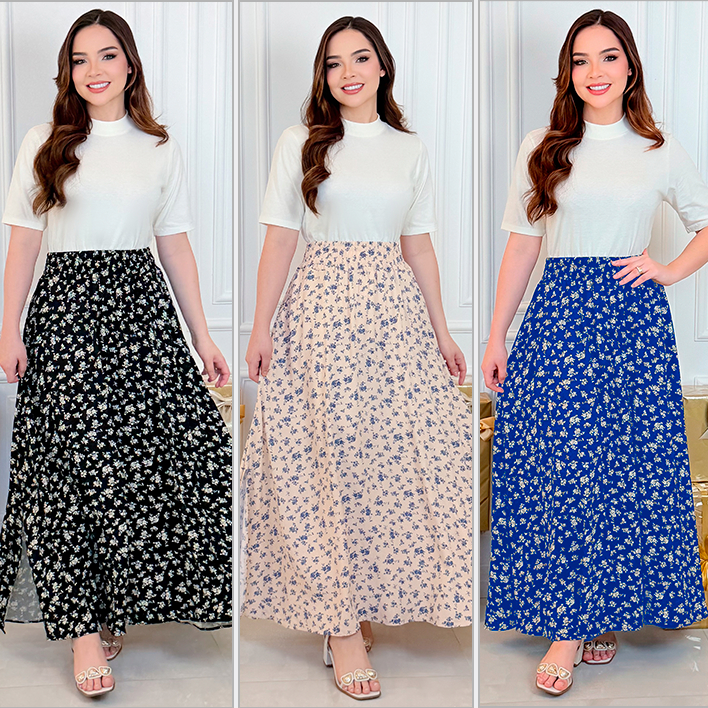 Saia Longa Estampada Viscolinho Com Bolsos Com Fenda Lateral Forrada Moda Evangelica Casual