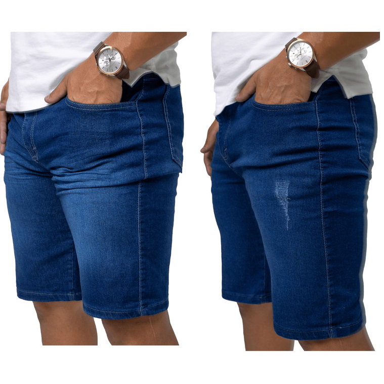 Kit 2 Bermuda Jeans Masculino Azul Lisa Puido Lycra Elastano Short Presente Pai