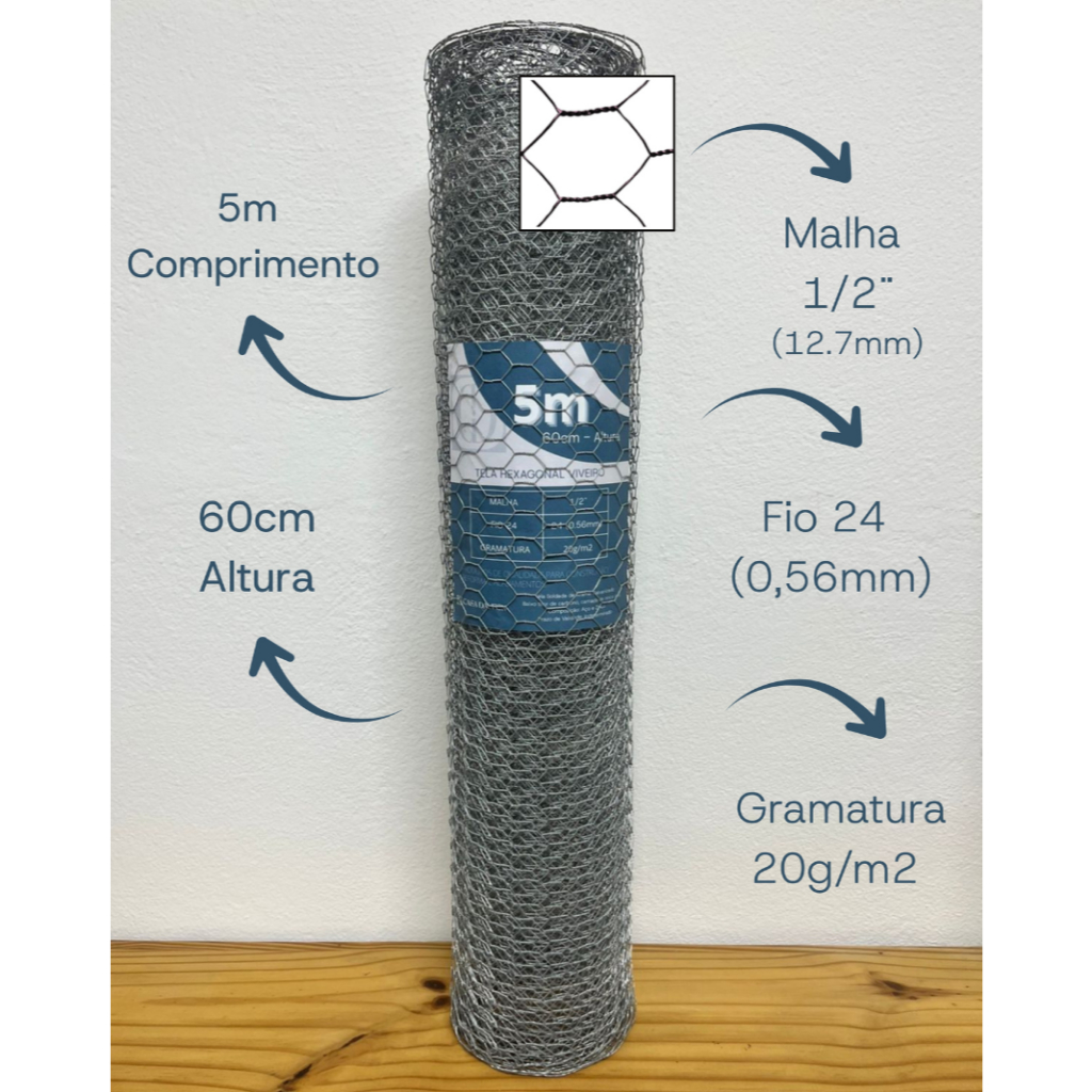 Tela Viveiro Galv. Rolo 0,60x5m Fio 24 (0,56mm) Casa Daufen
