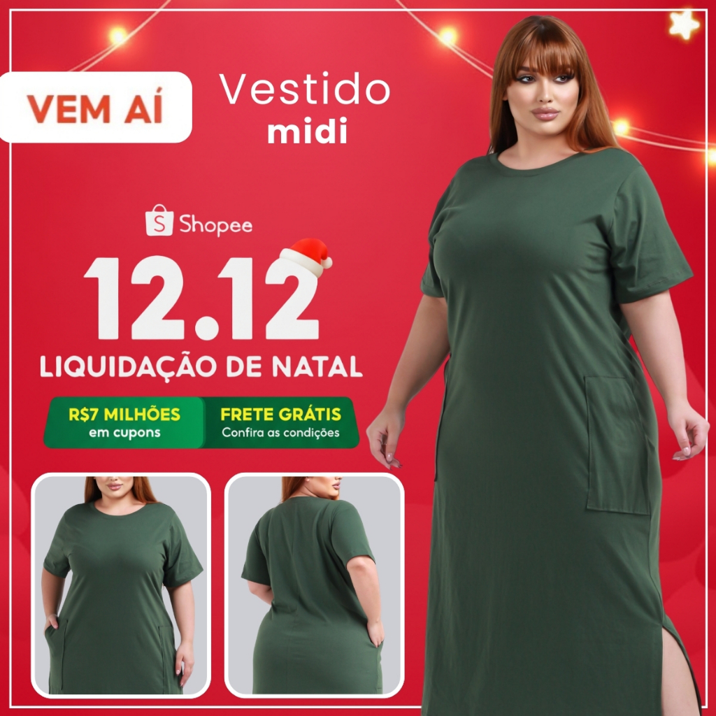 Vestido Feminino Midi Plus Size Gola Redonda Casual Com Bolso e Fenda Lateral M ao G3 Nata...