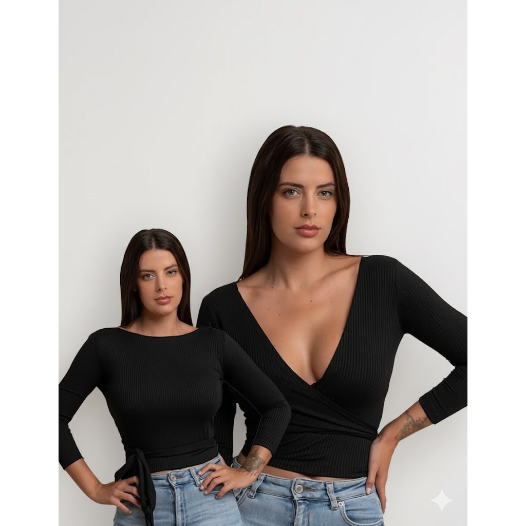 Blusa Feminina Canelada Cropped Envelope Multi Formas de Uso Elegante Social