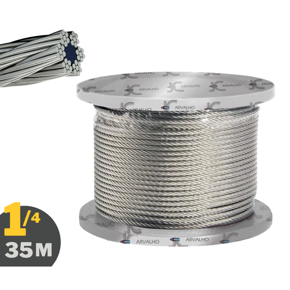 Kit 35 Metros de Cabo De Aço 6,4mm 1/4  6x7 AF Curral Guarda Corpo Galvanizado Sem Revestimento