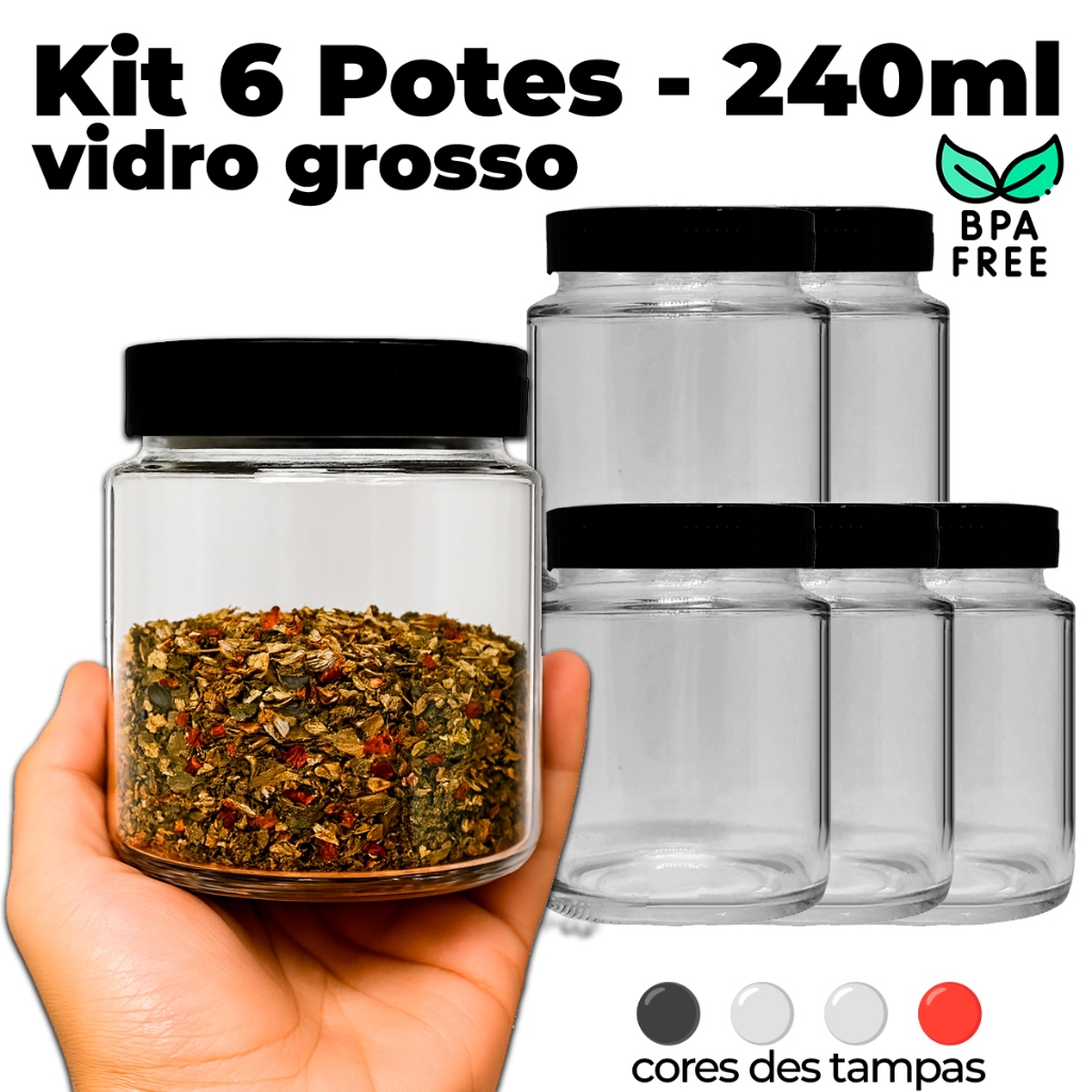Kit 6 Potes de Vidro 240ml com Tampa – Temperos, Grãos, Cozinha, BPA Free em Oferta na Shopee