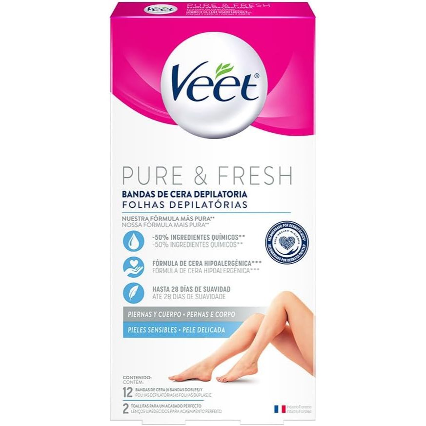 Cera Fria Depilatória Veet Pure & Fresh 12 Folhas | Pernas, Corpo Pele Lisa Remoção Suave Duradoura em Oferta na Shopee