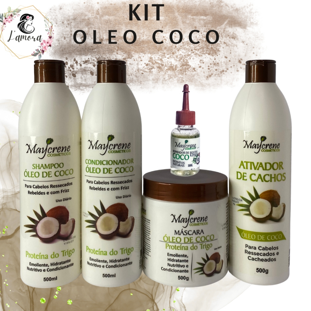 Kit Óleo de Coco Maycrene(shamp, Cond,Máscara,reparador de pontas de coco 30 ml+ Ativador de cachos )
