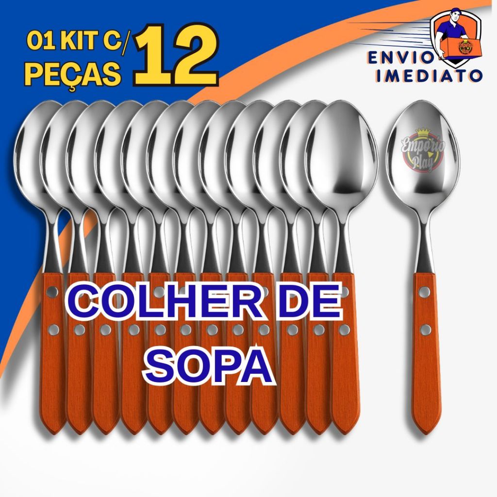 Jogo 12 Colher Inox de Sopa de Mesa Com Cabo Em Madeira Casa e Restaurante Kit Jogo 1 Dúzia