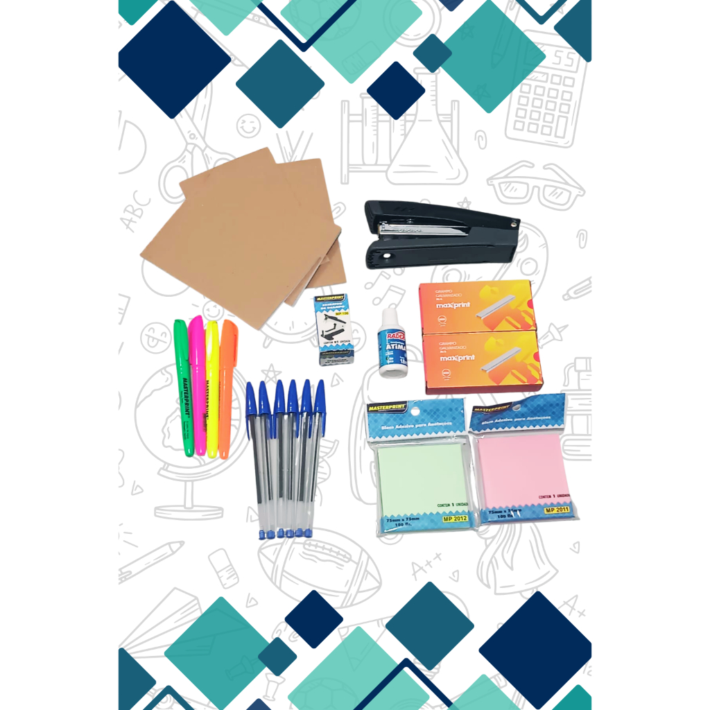 Kit Escritório Grampeador + canetas e Marca-textos + Blocos p/ Anotações e mais | 21 Peças