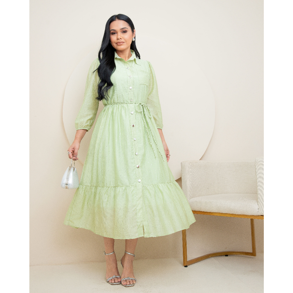 Vestido Melina Feminino Chiffon Lurex com Botões Funcionais e Cinto Moda  Elegância e Estilo