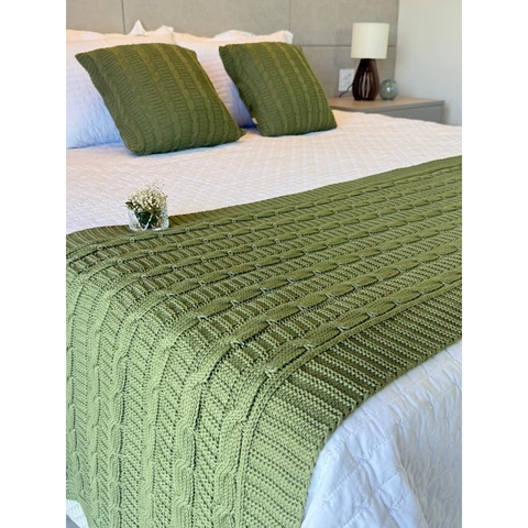 Kit Manta Peseira Tricot Trança Cama Casal Queen King + 2 Capas Almofadas Decorativa Premium Sofá FI