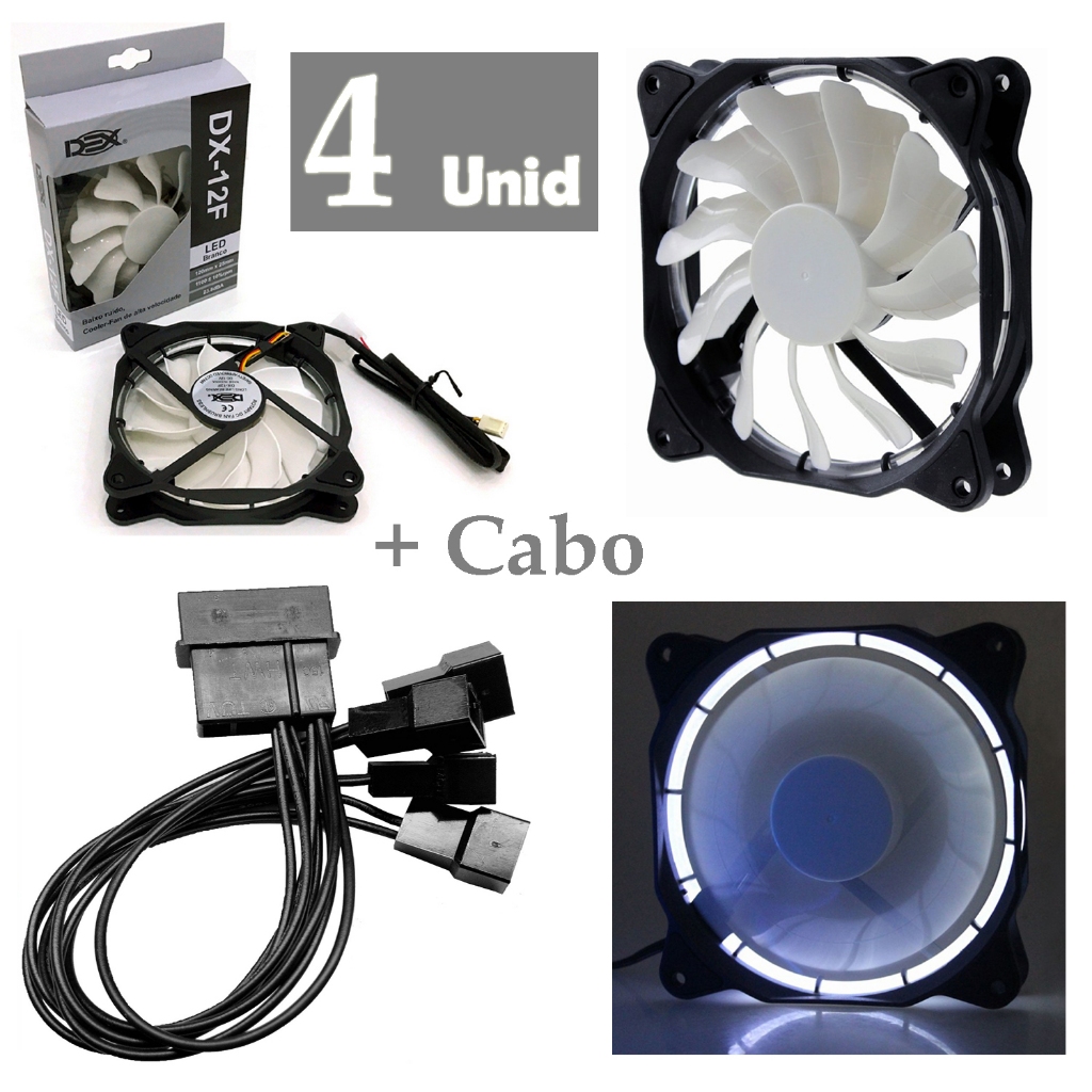 Kit 4 Cooler Fan Led 120x120x25 Ventoinha para Gabinete PC Desktop Computador 12cm Dex Branco + Cabo