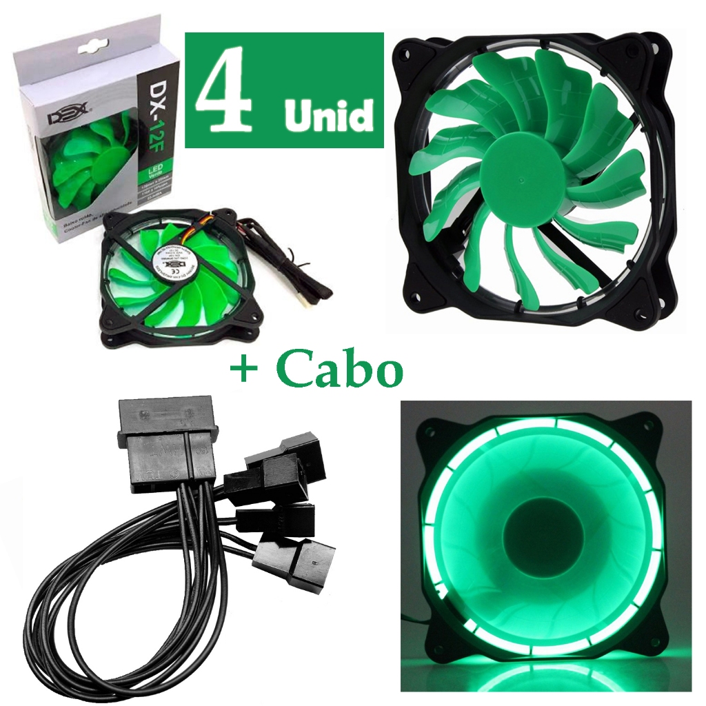 Kit 4 Cooler Fan Led 120x120x25 Ventoinha para Gabinete PC Desktop Computador 12cm Dex Verde + Cabo