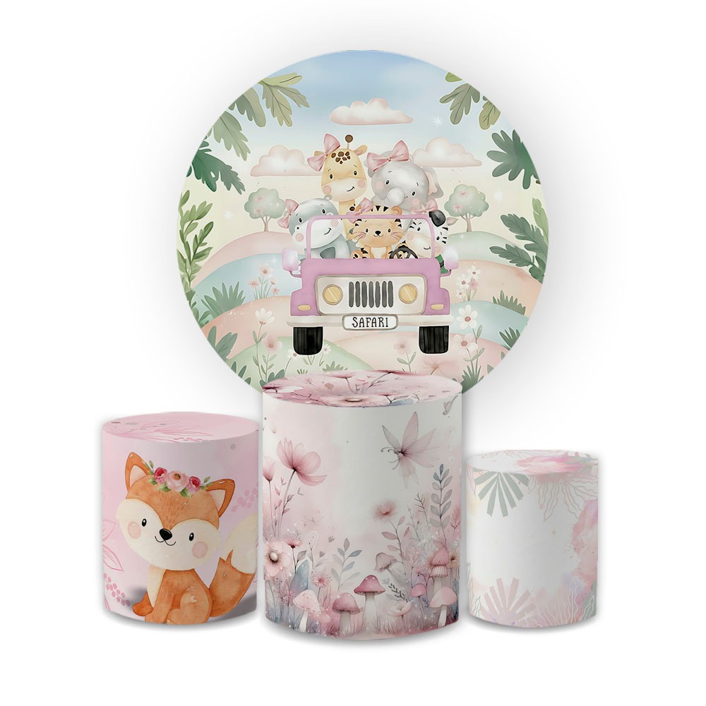 Kit Capa Painel Festivo + Trio Cilindro Decoração Safari Cute Rosa Infantil Sublimados Veste Fácil