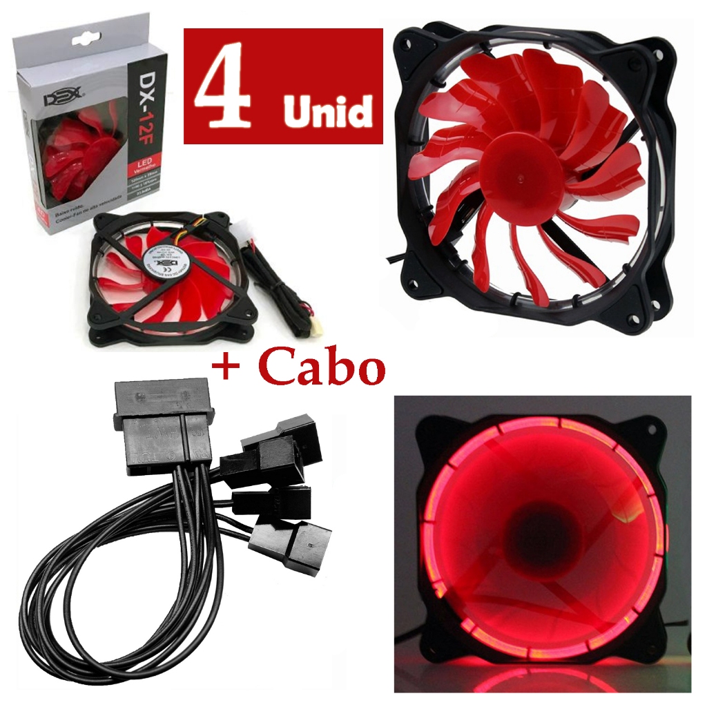 Kit 4 Cooler Fan Led 120mm Ventoinha para Gabinete PC Desktop Computador 12cm Dex Vermelho + Cabo